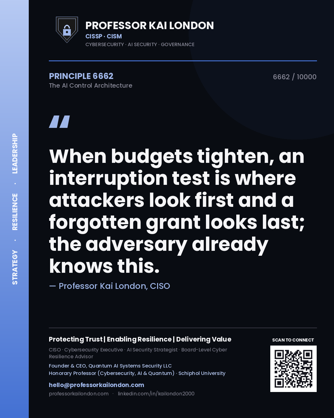 Professor Kai London principle 6662: When budgets tighten, an interruption test is where attackers look first and a forgotten grant looks last; the adversary already knows this.