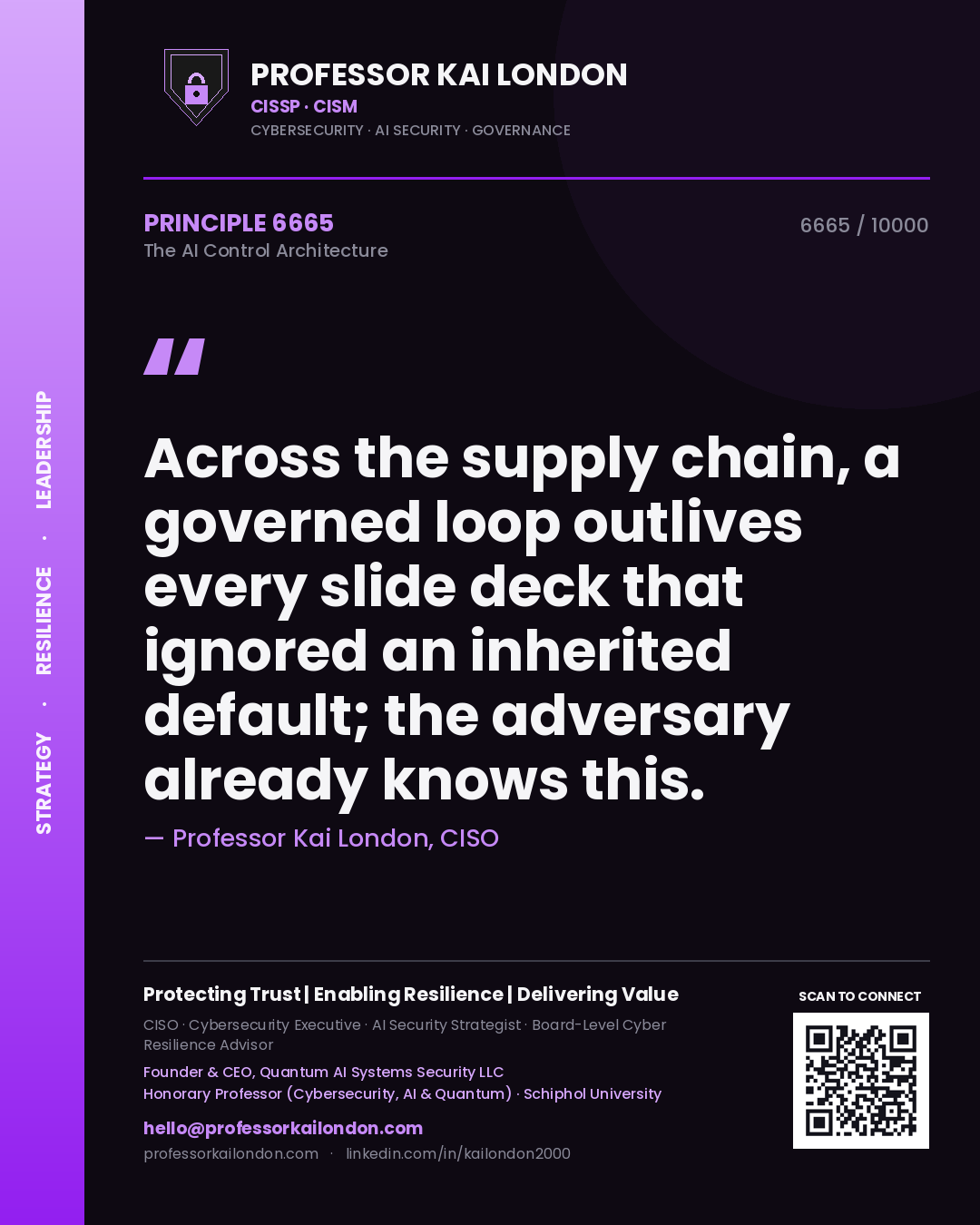 Quote card by Professor Kai London reading 'Across the supply chain, a governed loop outlives every slide deck that ignored an inherited default; the adversary already knows this.'. From the book The AI Control Architecture.
