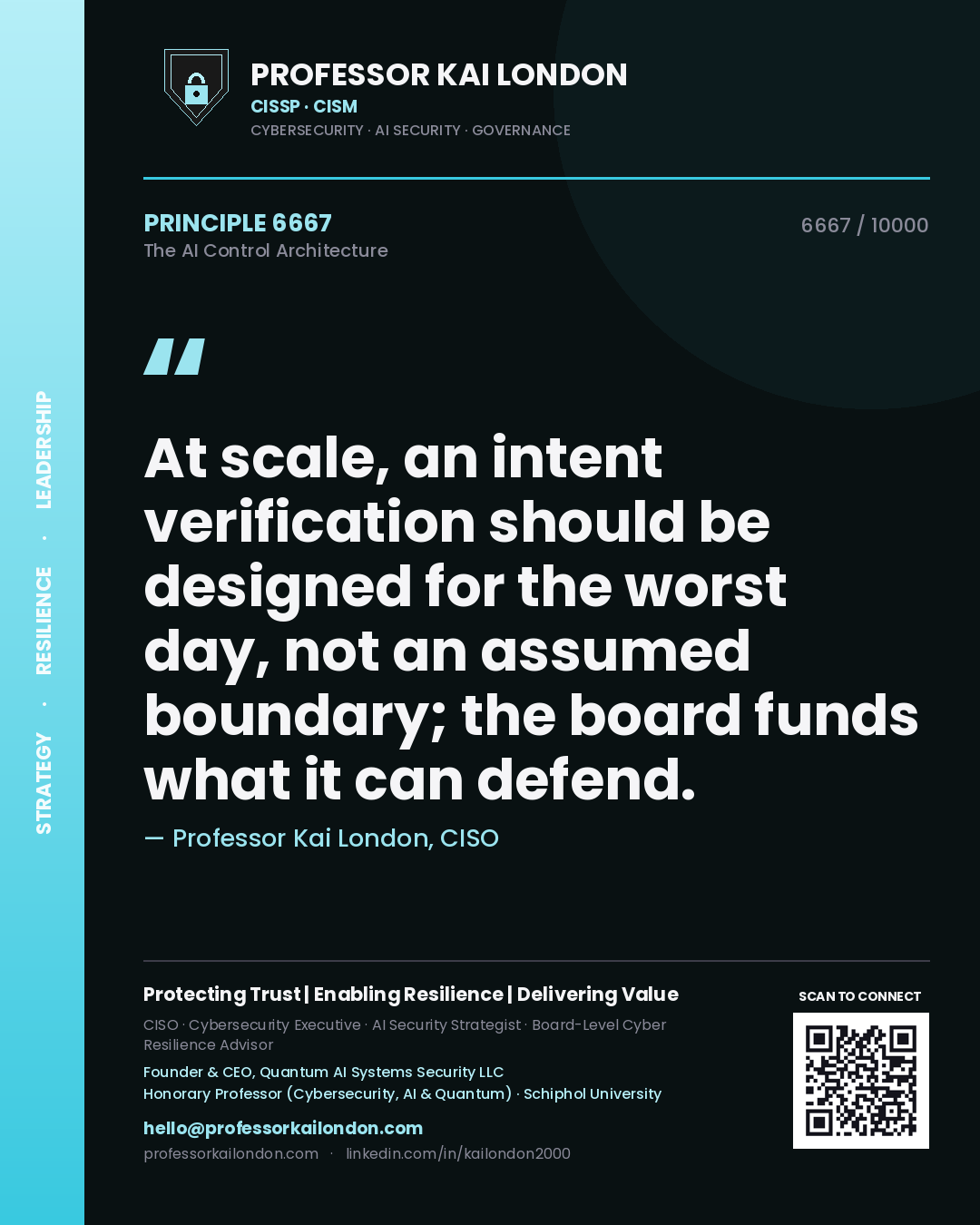 Professor Kai London principle 6667: At scale, an intent verification should be designed for the worst day, not an assumed boundary; the board funds what it can defend.