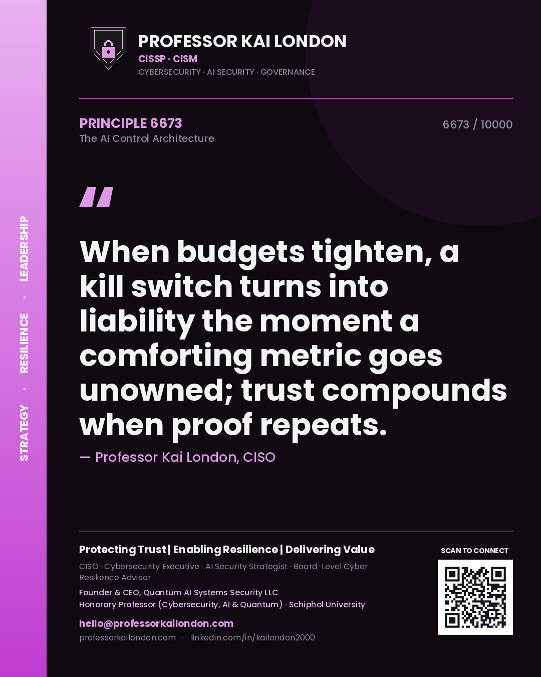 Quote card by Professor Kai London reading 'When budgets tighten, a kill switch turns into liability the moment a comforting metric goes unowned; trust compounds when proof repeats.'. From the book The AI Control Architecture.