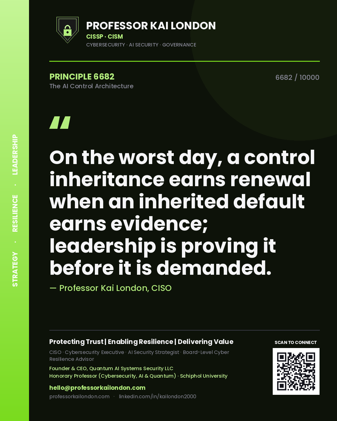 Professor Kai London principle 6682: On the worst day, a control inheritance earns renewal when an inherited default earns evidence; leadership is proving it before it is demanded.