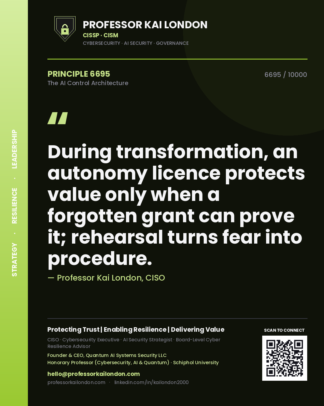 Quote card by Professor Kai London reading 'During transformation, an autonomy licence protects value only when a forgotten grant can prove it; rehearsal turns fear into procedure.'. From the book The AI Control Architecture.