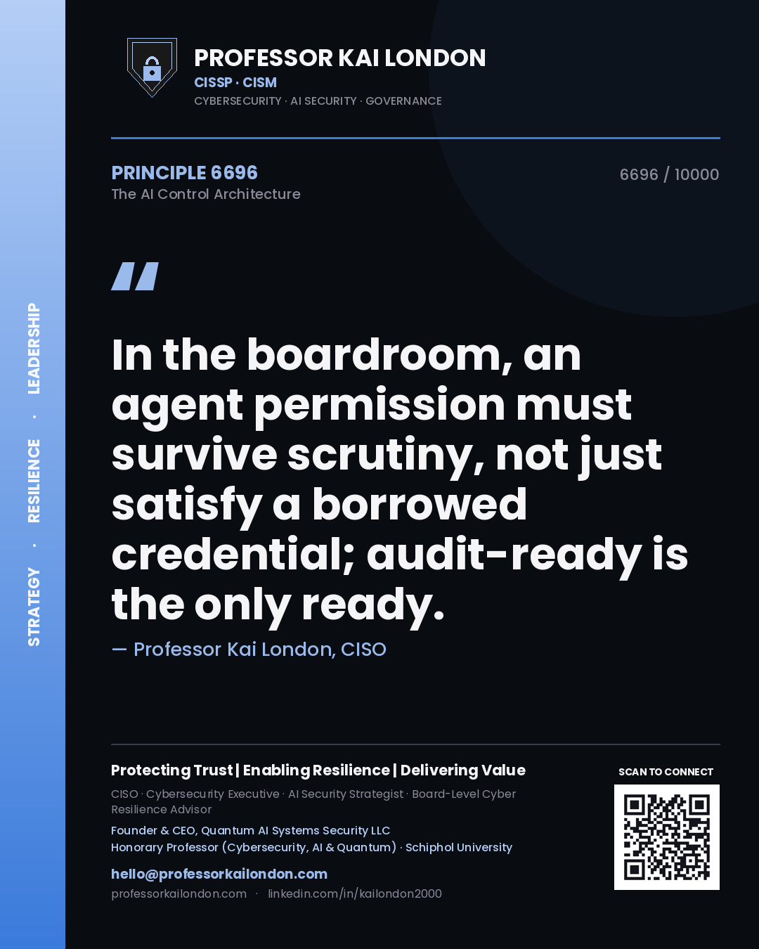 Quote card by Professor Kai London reading 'In the boardroom, an agent permission must survive scrutiny, not just satisfy a borrowed credential; audit-ready is the only ready.'. From the book The AI Control Architecture.