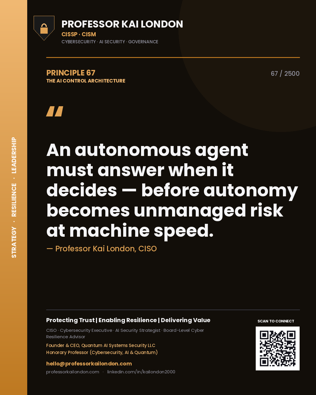 Quote card by Professor Kai London reading 'An autonomous agent must answer when it decides — before autonomy becomes unmanaged risk at machine speed.'. From the book The AI Control Architecture.