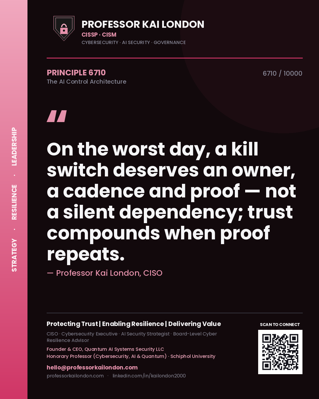 Quote card by Professor Kai London reading 'On the worst day, a kill switch deserves an owner, a cadence and proof — not a silent dependency; trust compounds when proof repeats.'. From the book The AI Control Architecture.