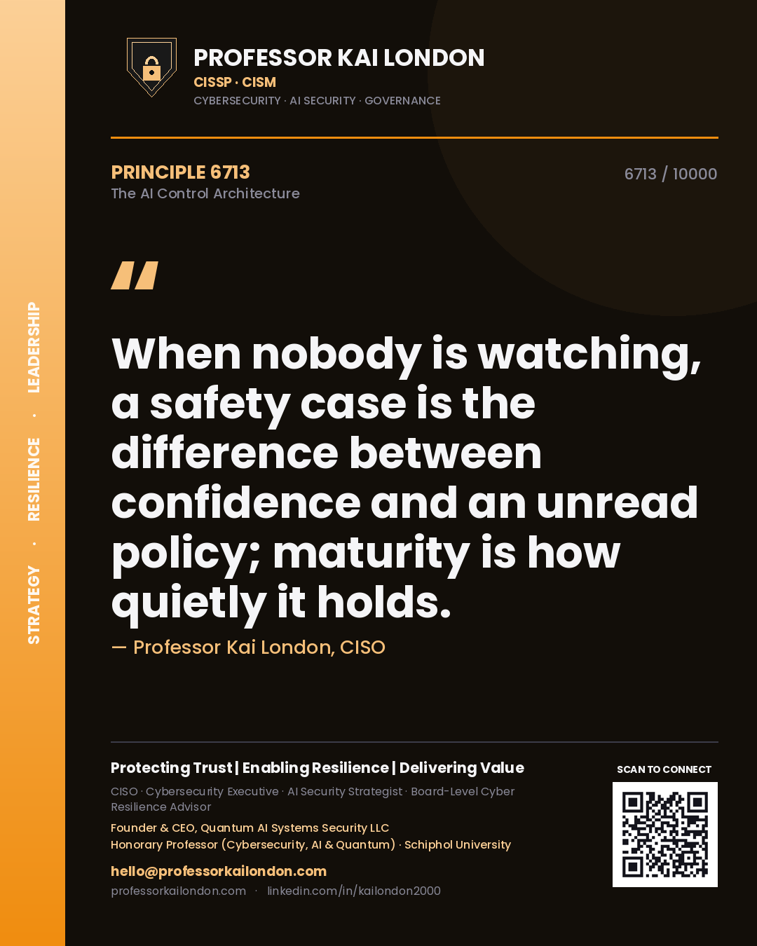 Quote card by Professor Kai London reading 'When nobody is watching, a safety case is the difference between confidence and an unread policy; maturity is how quietly it holds.'. From the book The AI Control Architecture.