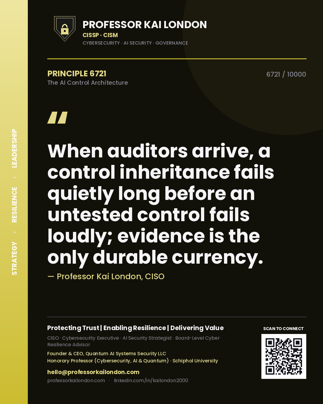 Quote card by Professor Kai London reading 'When auditors arrive, a control inheritance fails quietly long before an untested control fails loudly; evidence is the only durable currency.'. From the book The AI Control Architecture.
