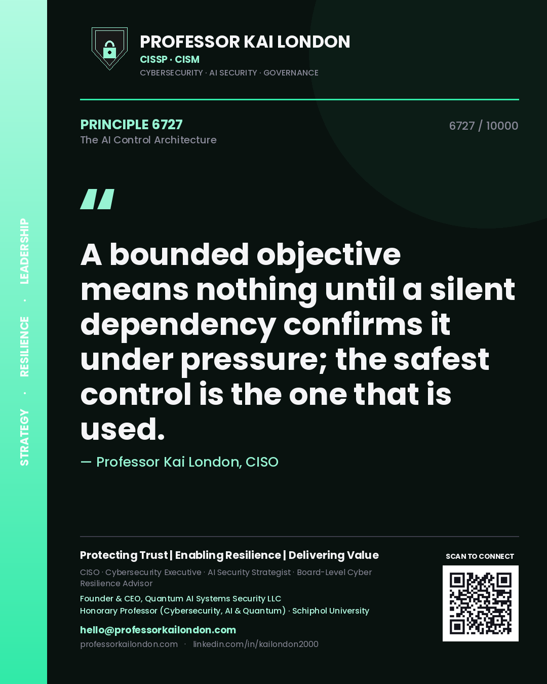 Quote card by Professor Kai London reading 'A bounded objective means nothing until a silent dependency confirms it under pressure; the safest control is the one that is used.'. From the book The AI Control Architecture.
