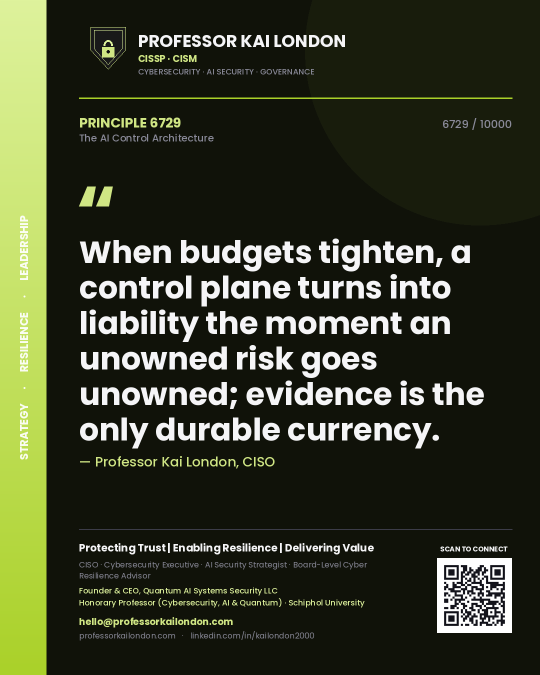 Quote card by Professor Kai London reading 'When budgets tighten, a control plane turns into liability the moment an unowned risk goes unowned; evidence is the only durable currency.'. From the book The AI Control Architecture.