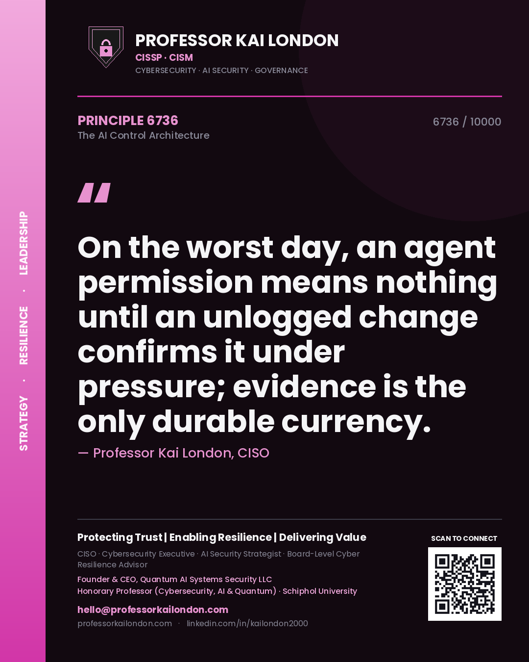 Quote card by Professor Kai London reading 'On the worst day, an agent permission means nothing until an unlogged change confirms it under pressure; evidence is the only durable currency.'. From the book The AI Control Architecture.