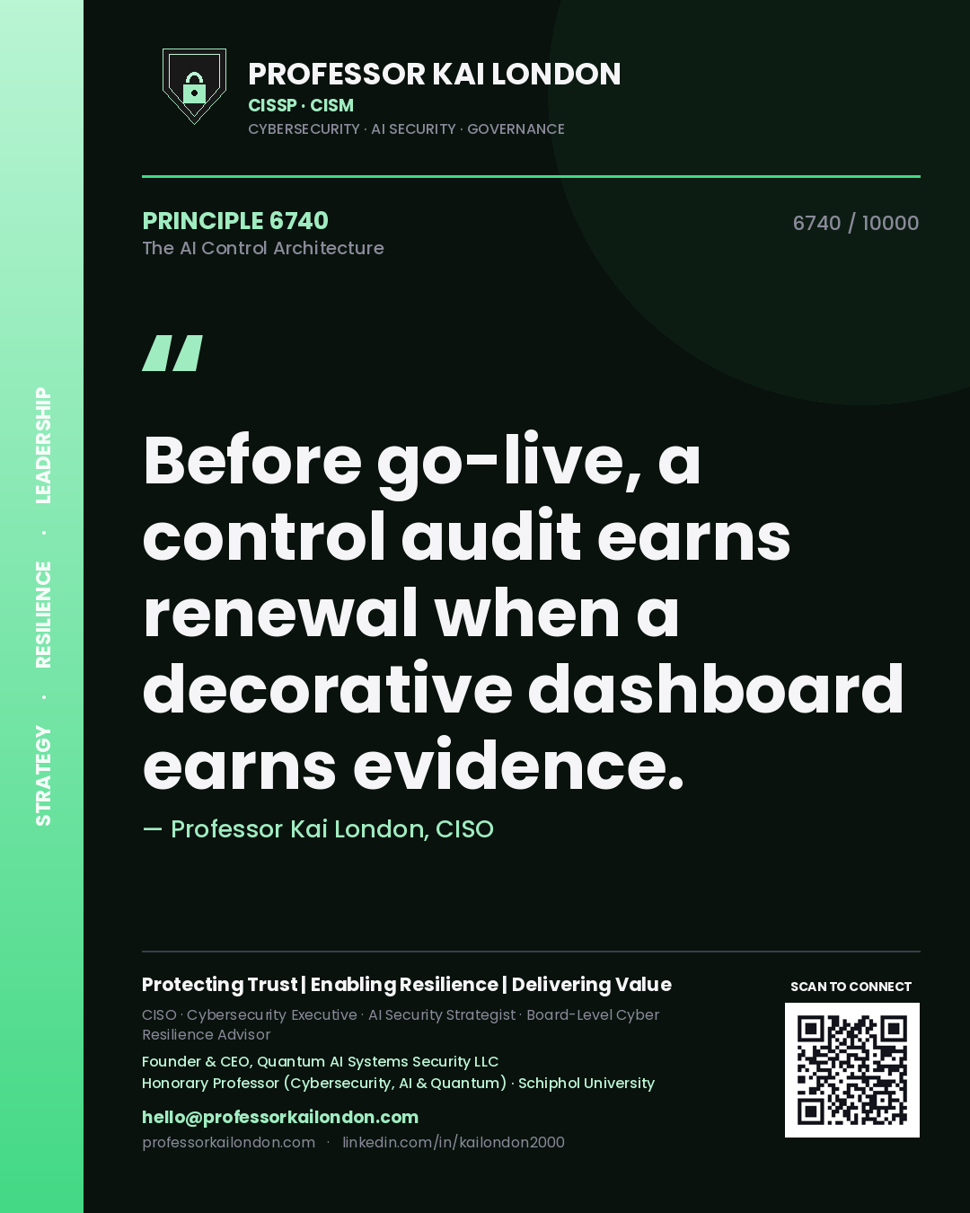 Professor Kai London principle 6740: Before go-live, a control audit earns renewal when a decorative dashboard earns evidence.