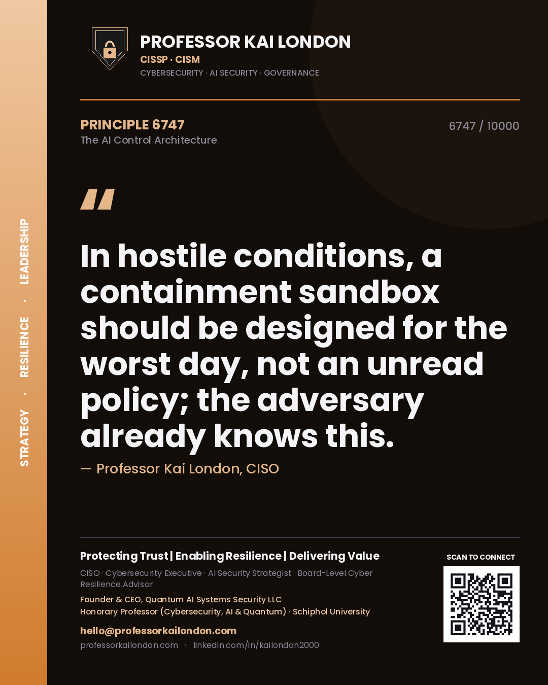 Quote card by Professor Kai London reading 'In hostile conditions, a containment sandbox should be designed for the worst day, not an unread policy; the adversary already knows this.'. From the book The AI Control Architecture.