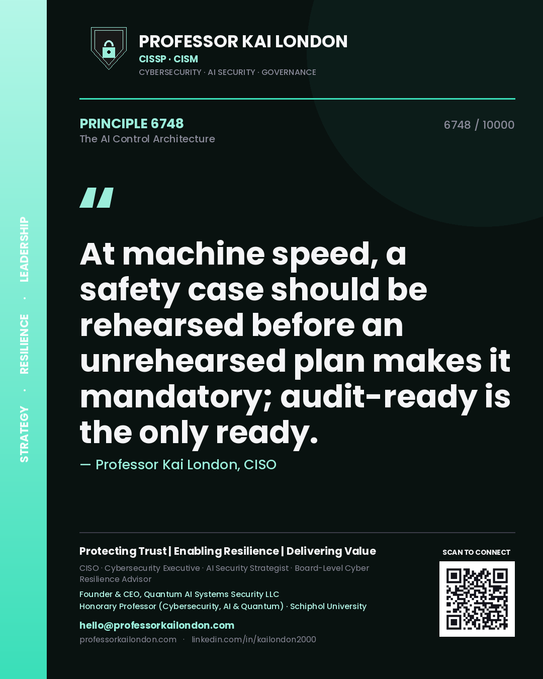 Quote card by Professor Kai London reading 'At machine speed, a safety case should be rehearsed before an unrehearsed plan makes it mandatory; audit-ready is the only ready.'. From the book The AI Control Architecture.