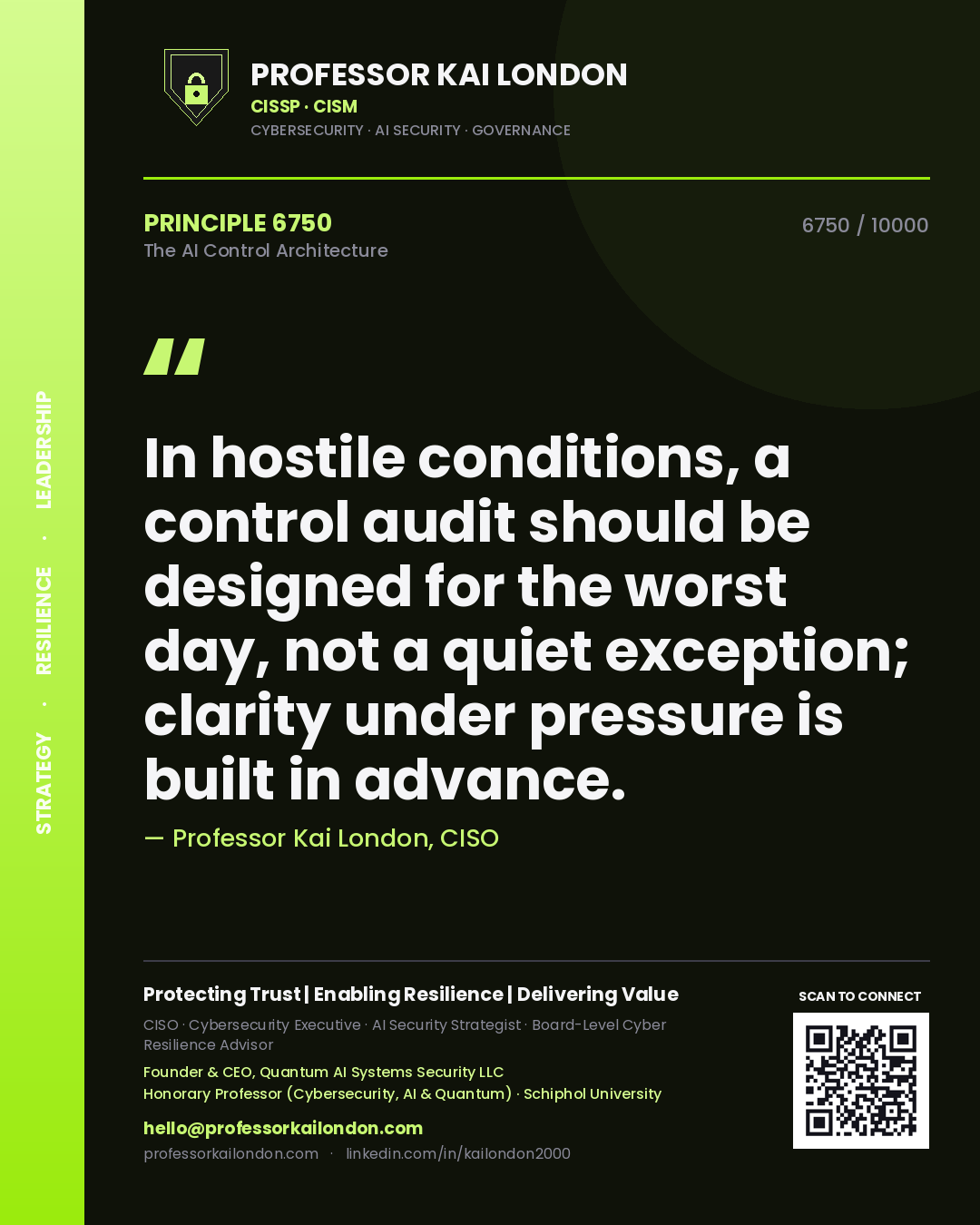Quote card by Professor Kai London reading 'In hostile conditions, a control audit should be designed for the worst day, not a quiet exception; clarity under pressure is built in advance.'. From the book The AI Control Architecture.