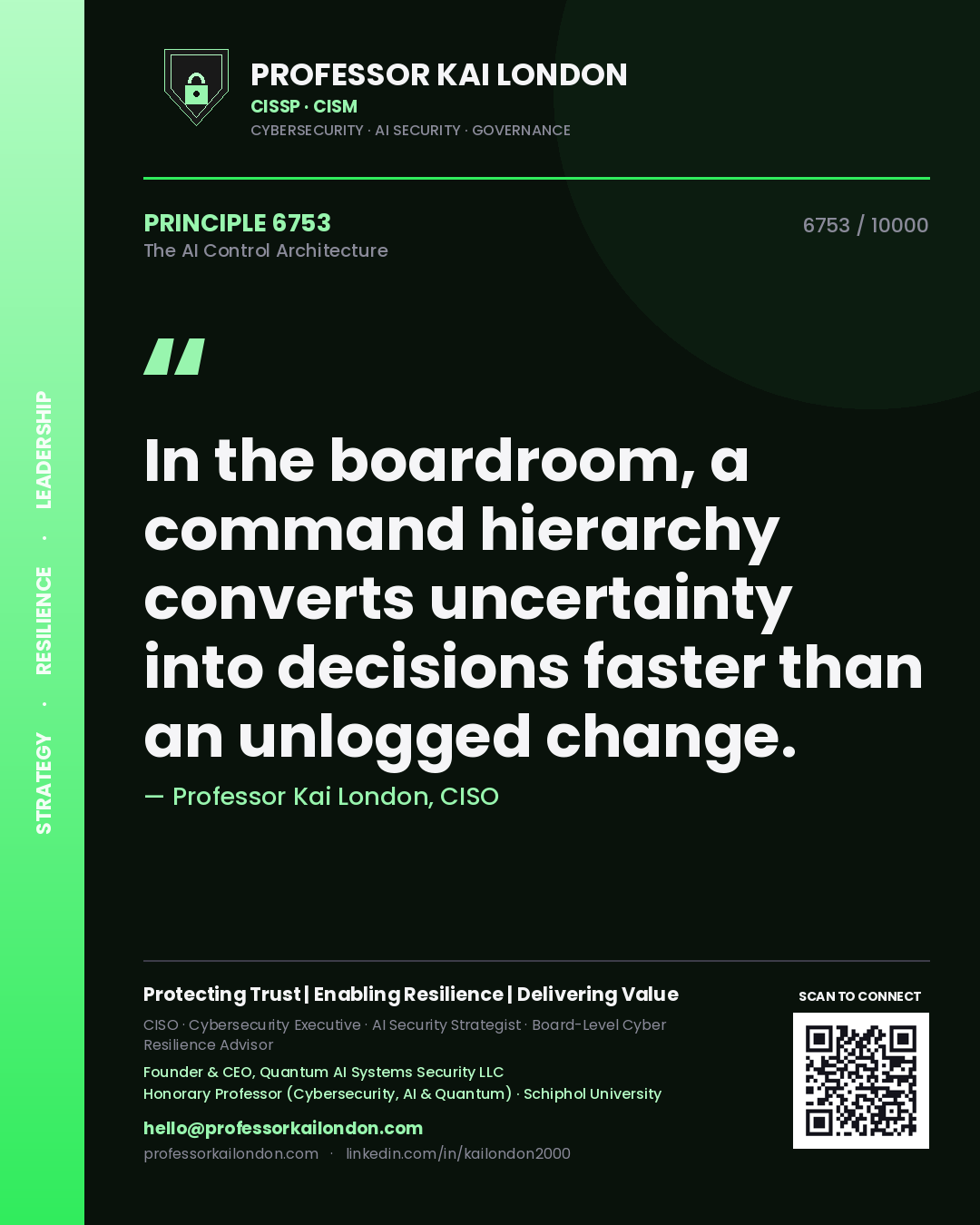 Quote card by Professor Kai London reading 'In the boardroom, a command hierarchy converts uncertainty into decisions faster than an unlogged change.'. From the book The AI Control Architecture.