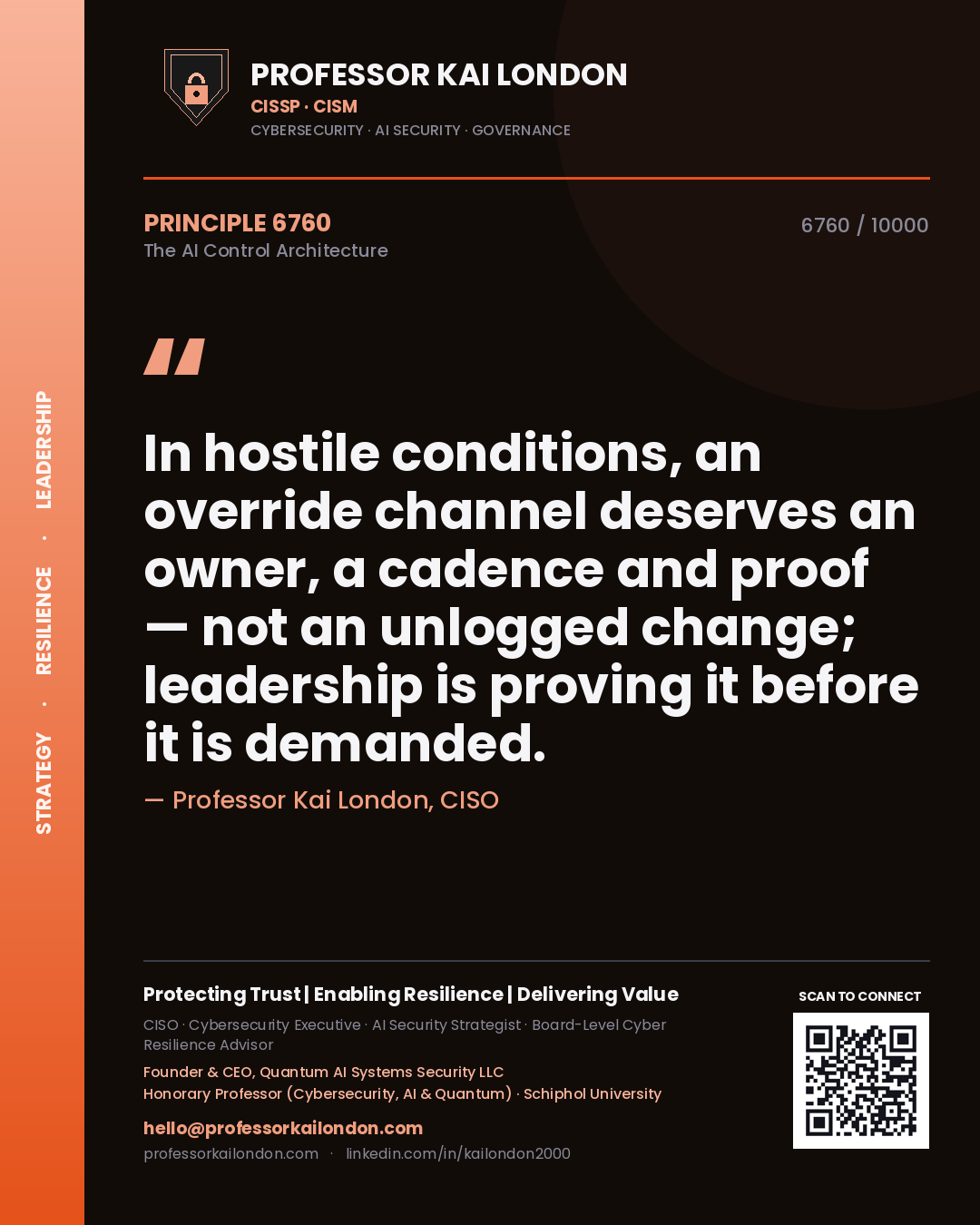 Quote card by Professor Kai London reading 'In hostile conditions, an override channel deserves an owner, a cadence and proof — not an unlogged change; leadership is proving it before it is demanded.'. From the book The AI Control Architecture.