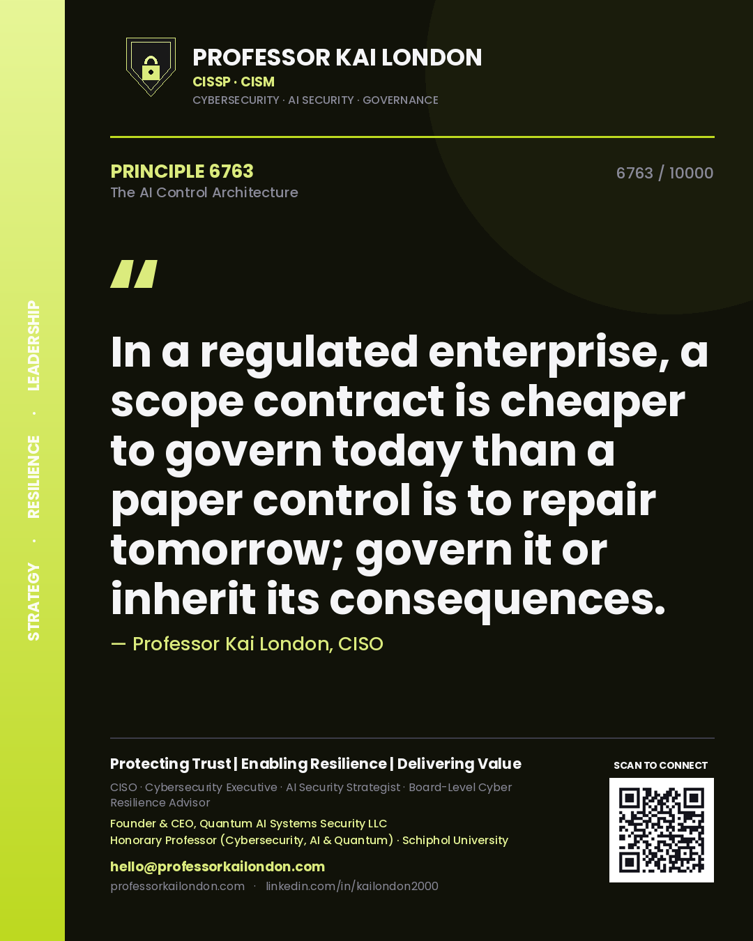 Quote card by Professor Kai London reading 'In a regulated enterprise, a scope contract is cheaper to govern today than a paper control is to repair tomorrow; govern it or inherit its consequences.'. From the book The AI Control Architecture.