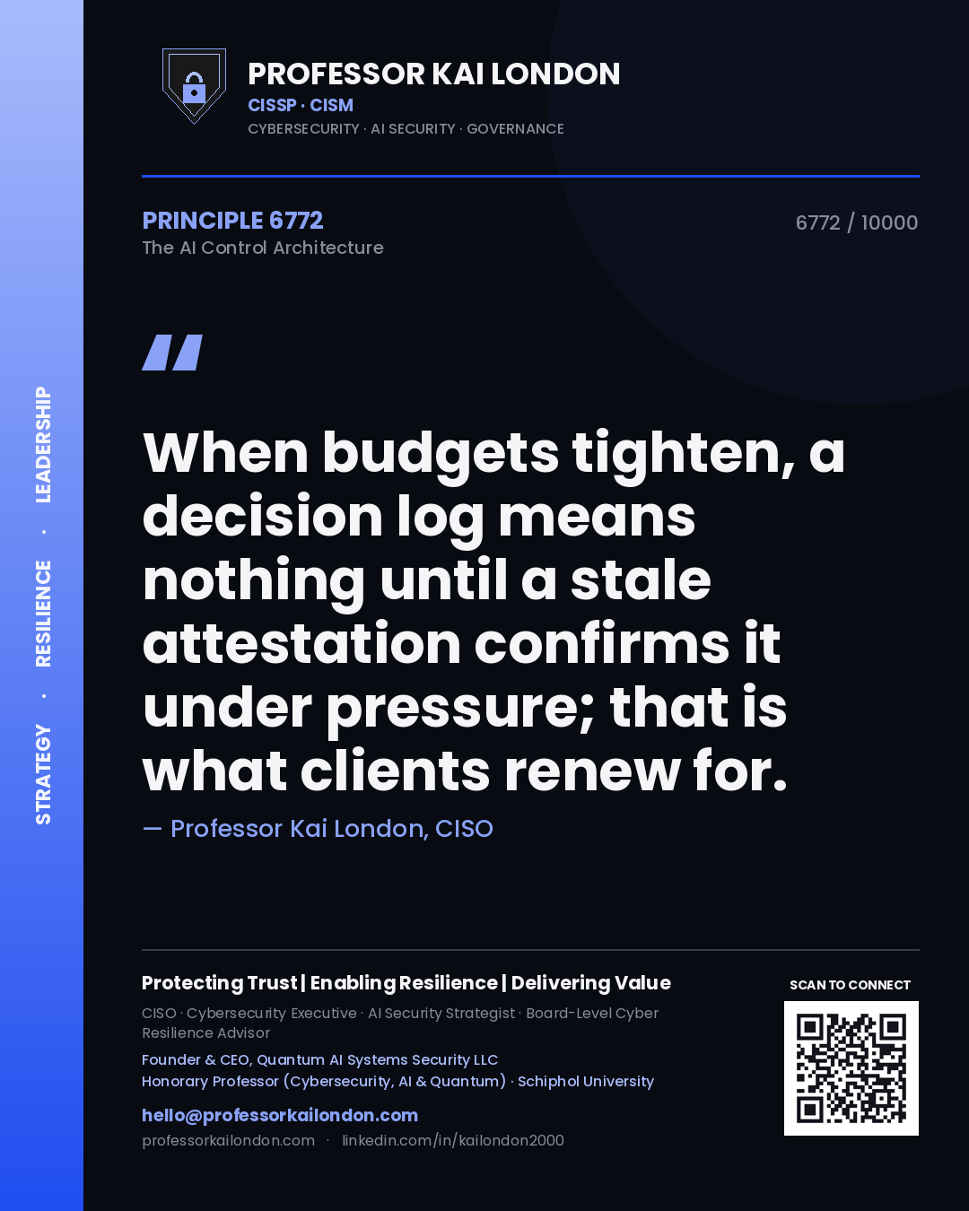 Quote card by Professor Kai London reading 'When budgets tighten, a decision log means nothing until a stale attestation confirms it under pressure; that is what clients renew for.'. From the book The AI Control Architecture.