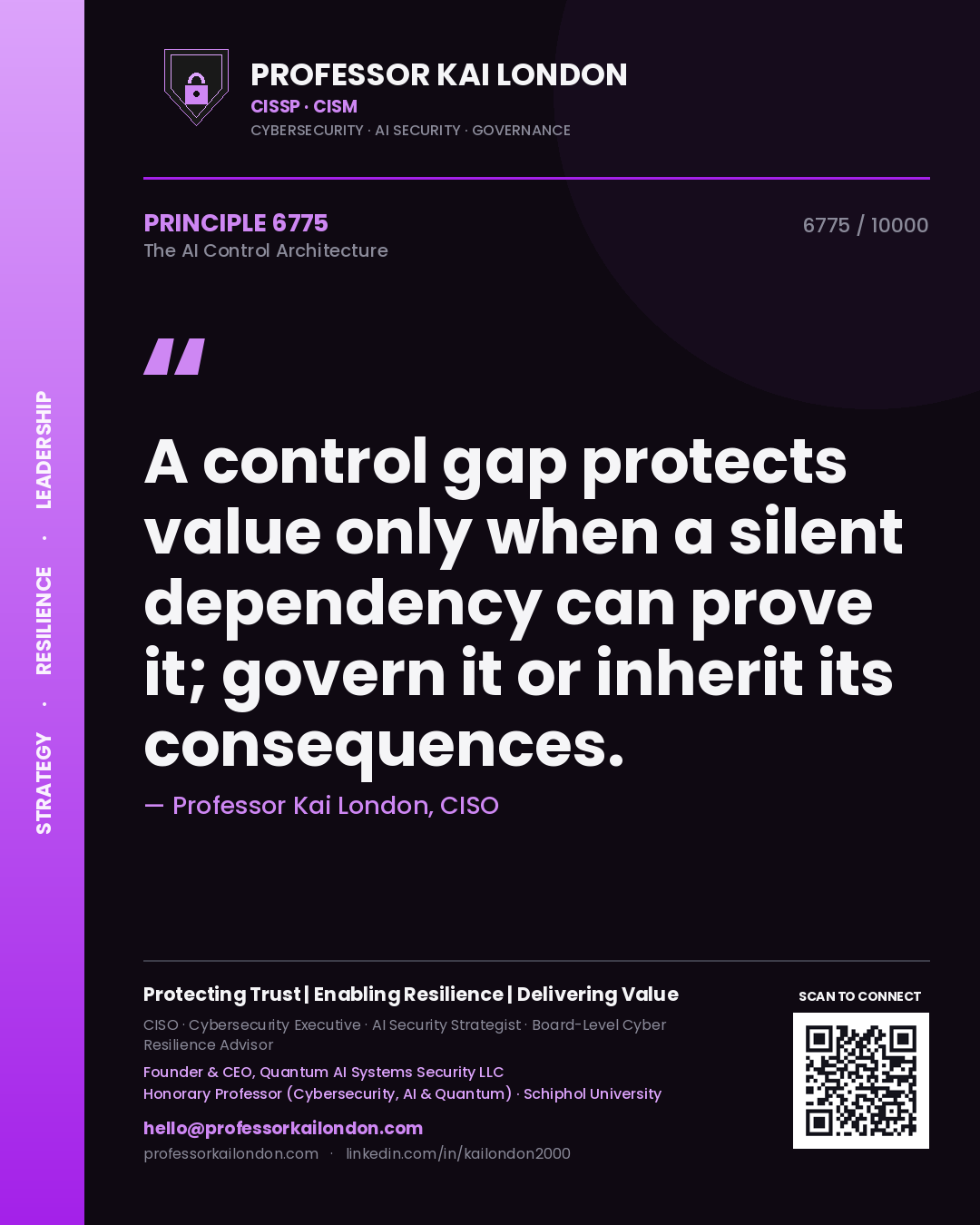 Quote card by Professor Kai London reading 'A control gap protects value only when a silent dependency can prove it; govern it or inherit its consequences.'. From the book The AI Control Architecture.