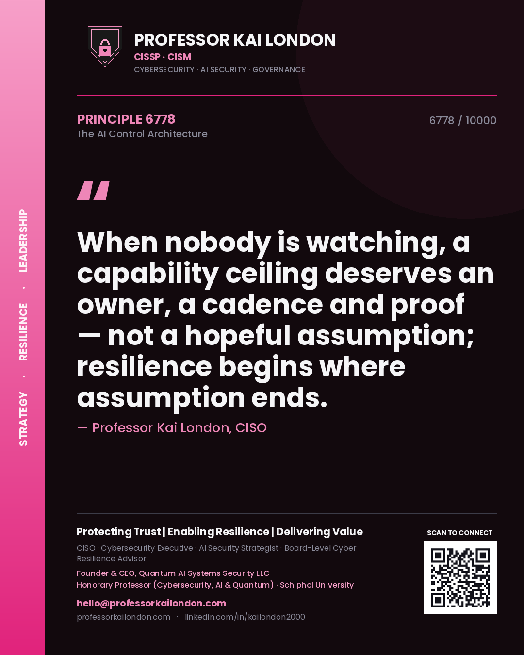 Quote card by Professor Kai London reading 'When nobody is watching, a capability ceiling deserves an owner, a cadence and proof — not a hopeful assumption; resilience begins where assumption ends.'. From the book The AI Control Architecture.