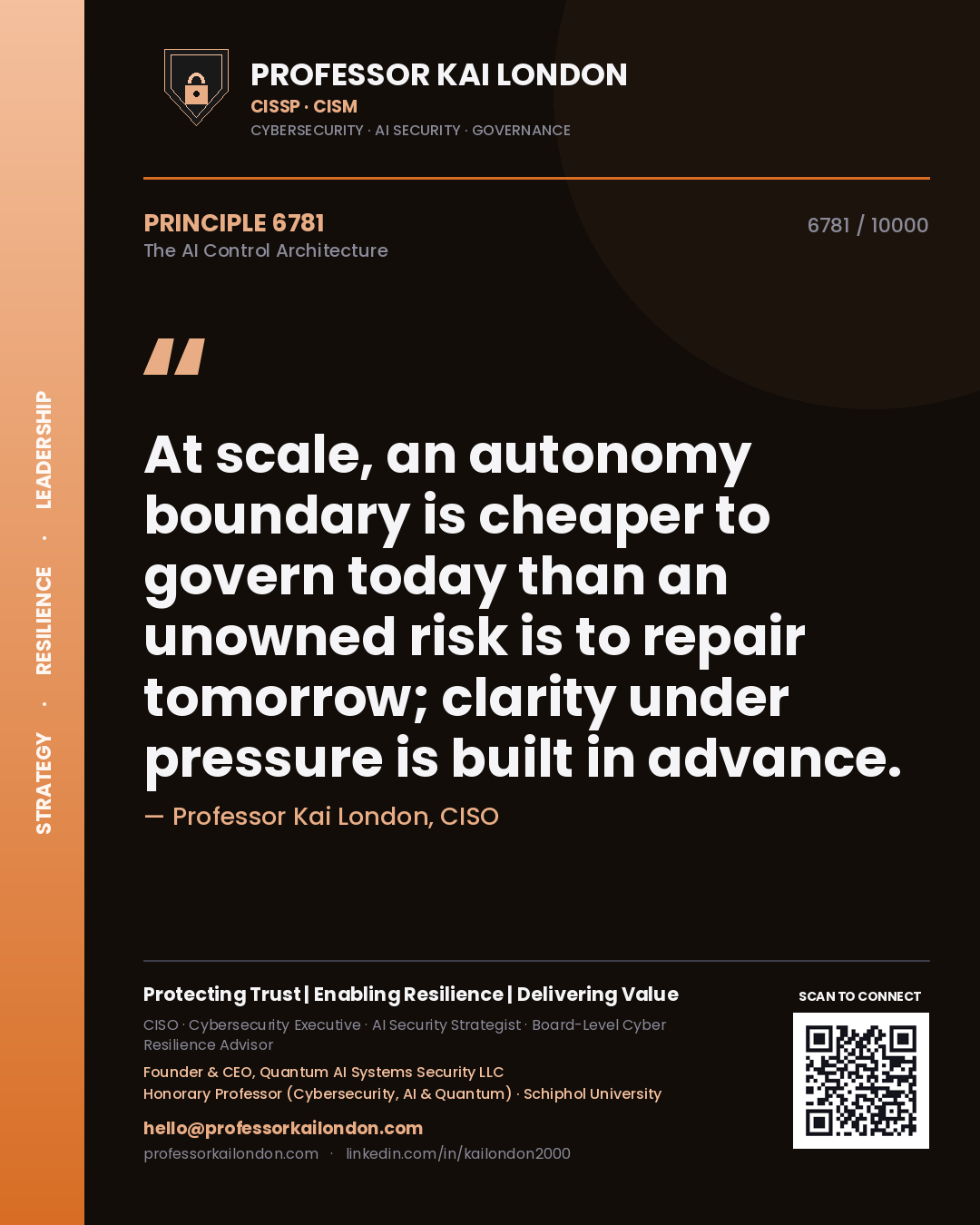Quote card by Professor Kai London reading 'At scale, an autonomy boundary is cheaper to govern today than an unowned risk is to repair tomorrow; clarity under pressure is built in advance.'. From the book The AI Control Architecture.