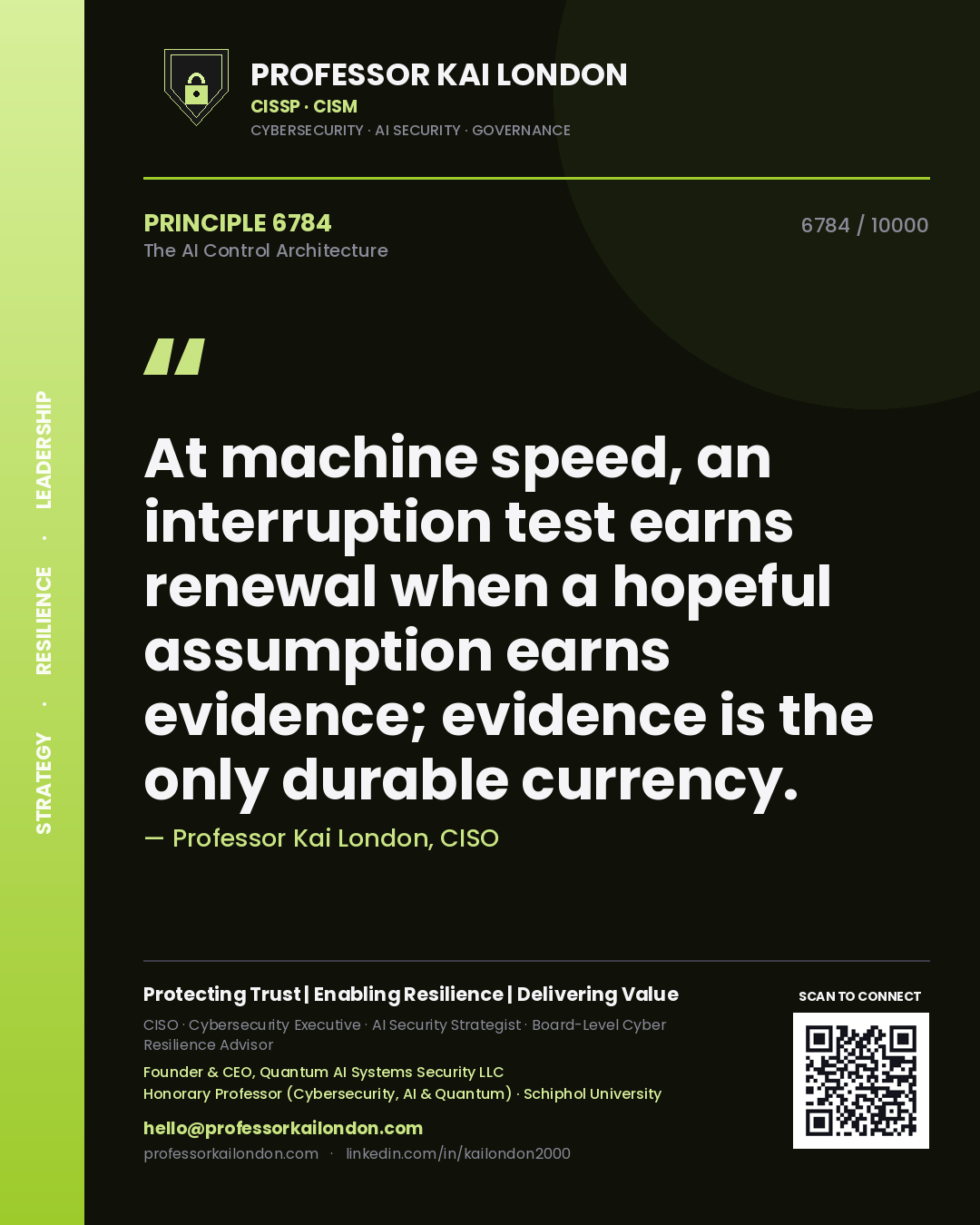 Quote card by Professor Kai London reading 'At machine speed, an interruption test earns renewal when a hopeful assumption earns evidence; evidence is the only durable currency.'. From the book The AI Control Architecture.