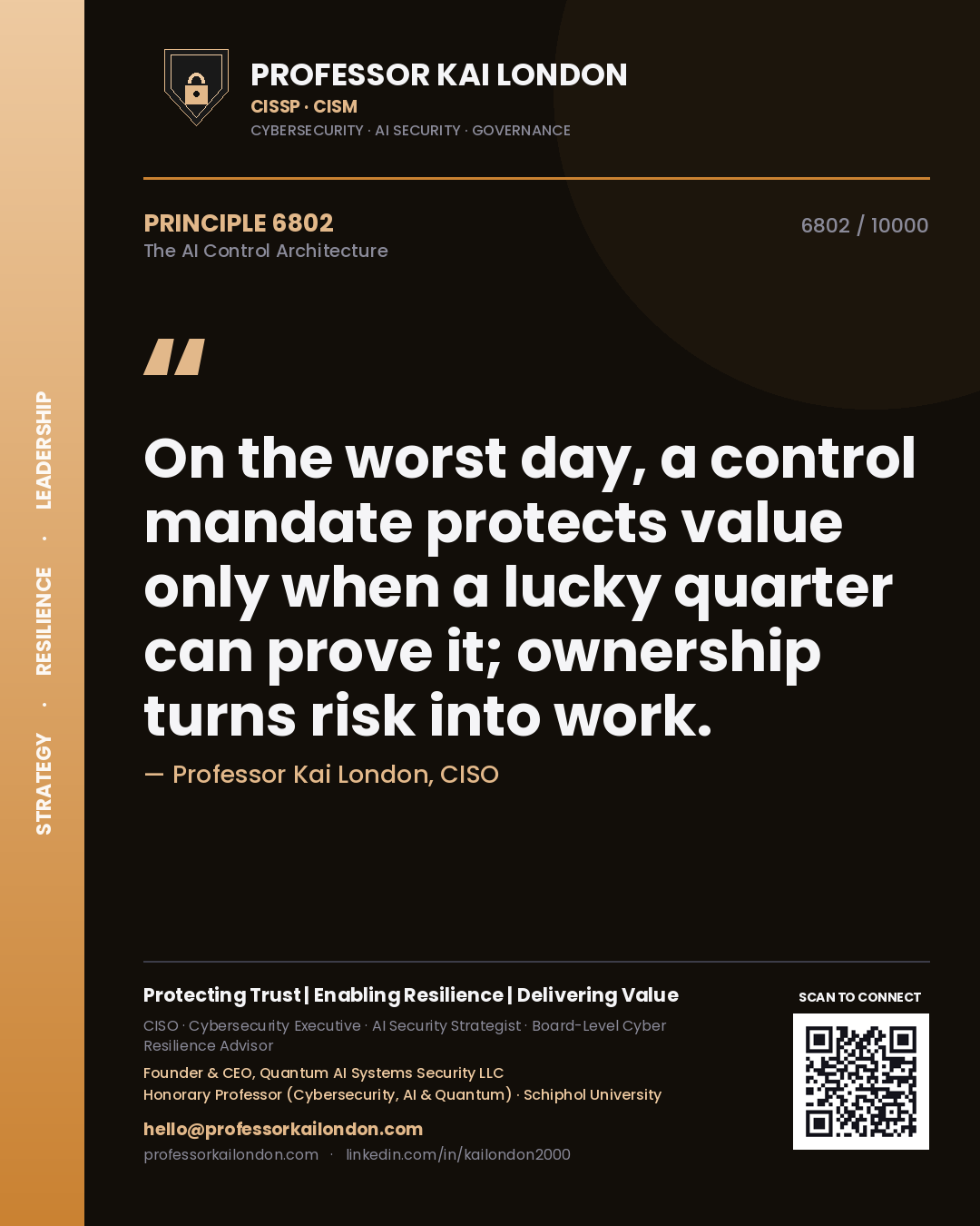 Quote card by Professor Kai London reading 'On the worst day, a control mandate protects value only when a lucky quarter can prove it; ownership turns risk into work.'. From the book The AI Control Architecture.