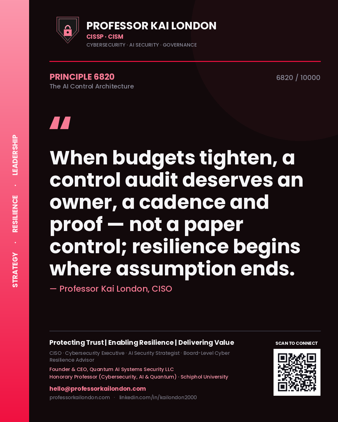 Quote card by Professor Kai London reading 'When budgets tighten, a control audit deserves an owner, a cadence and proof — not a paper control; resilience begins where assumption ends.'. From the book The AI Control Architecture.