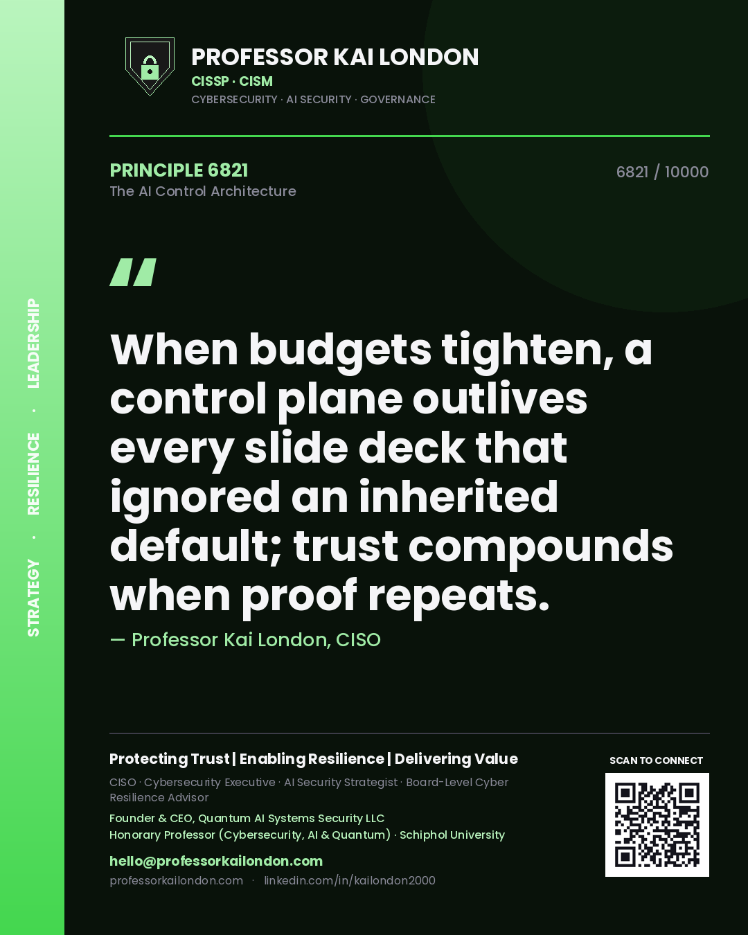 Professor Kai London principle 6821: When budgets tighten, a control plane outlives every slide deck that ignored an inherited default; trust compounds when proof repeats.