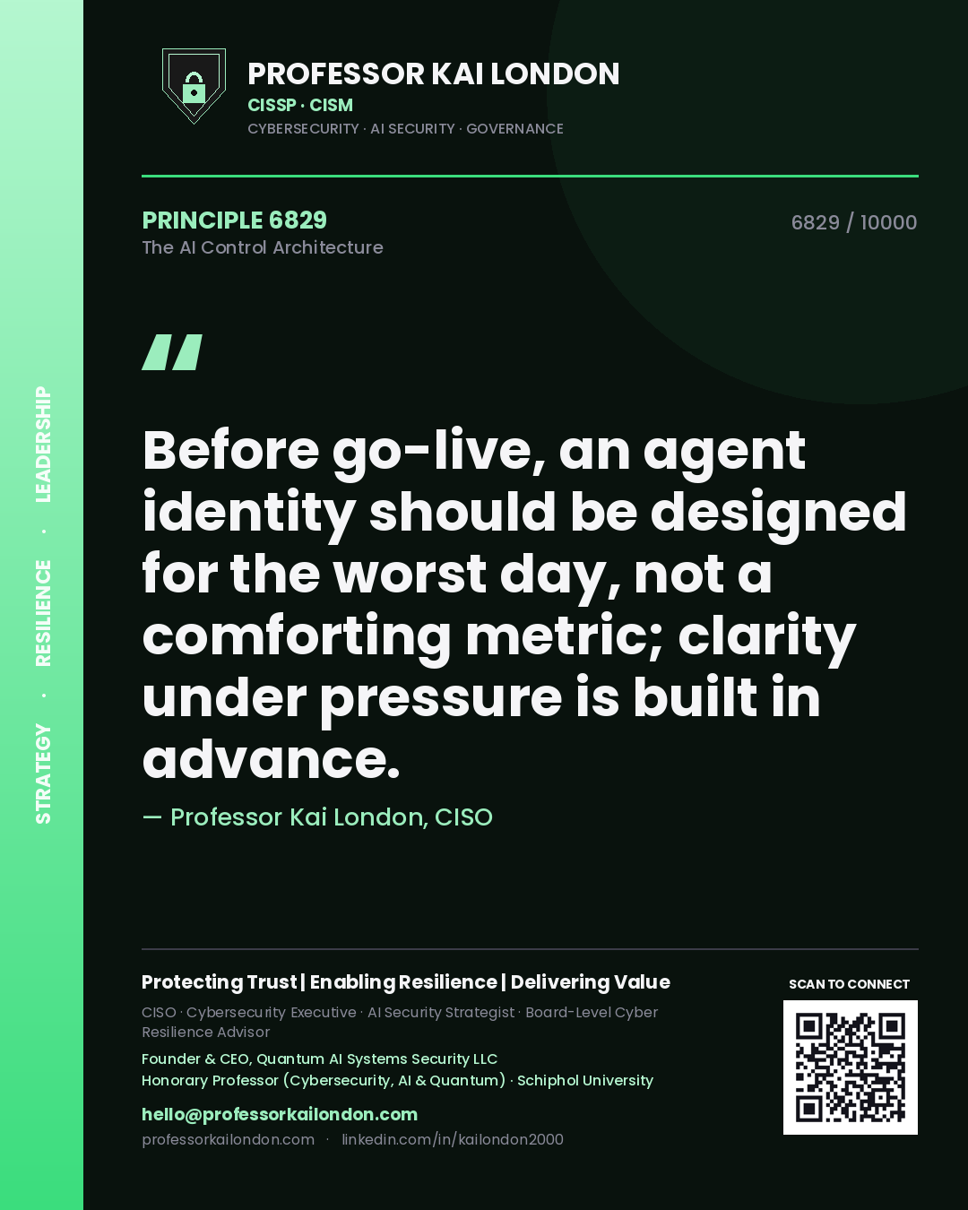 Quote card by Professor Kai London reading 'Before go-live, an agent identity should be designed for the worst day, not a comforting metric; clarity under pressure is built in advance.'. From the book The AI Control Architecture.