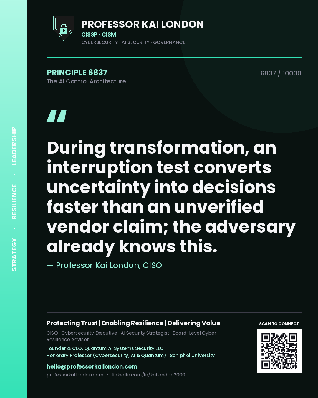Professor Kai London principle 6837: During transformation, an interruption test converts uncertainty into decisions faster than an unverified vendor claim; the adversary already knows this.