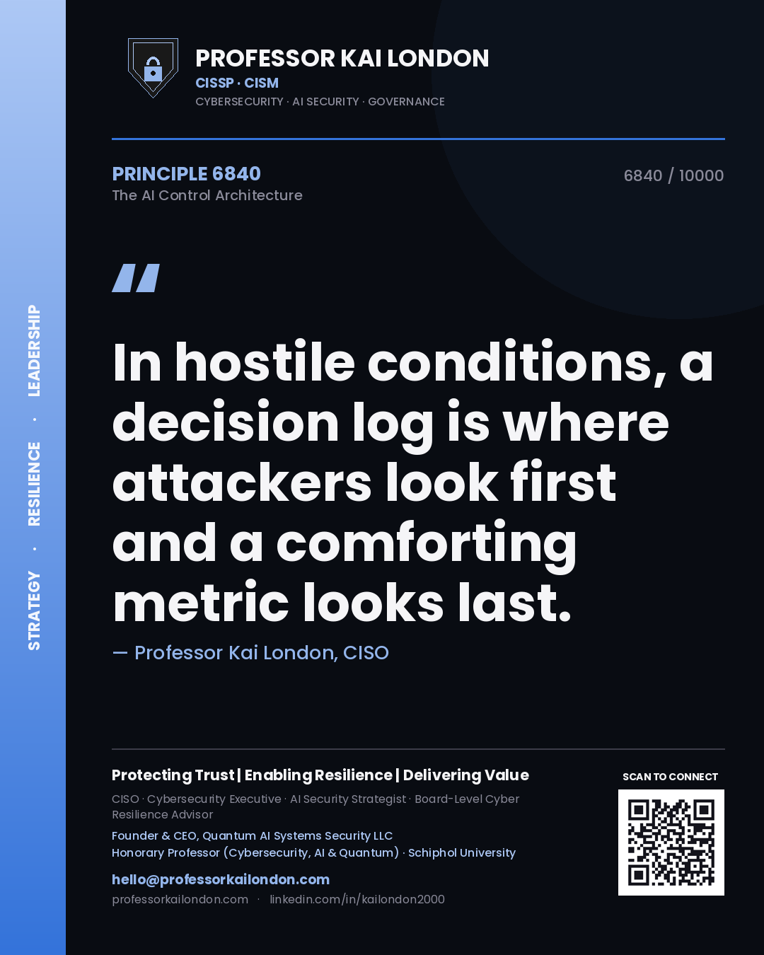 Quote card by Professor Kai London reading 'In hostile conditions, a decision log is where attackers look first and a comforting metric looks last.'. From the book The AI Control Architecture.