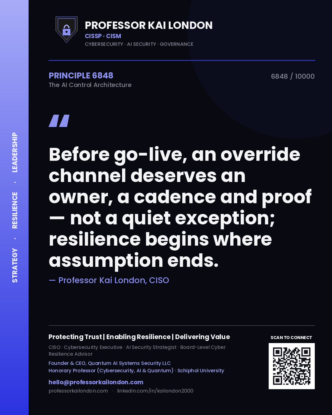 Professor Kai London principle 6848: Before go-live, an override channel deserves an owner, a cadence and proof — not a quiet exception; resilience begins where assumption ends.