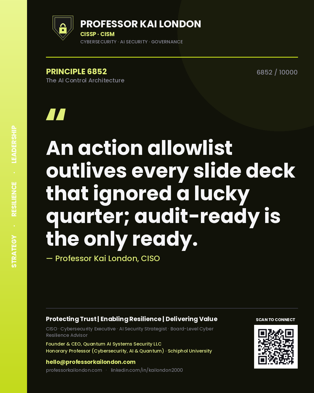 Quote card by Professor Kai London reading 'An action allowlist outlives every slide deck that ignored a lucky quarter; audit-ready is the only ready.'. From the book The AI Control Architecture.