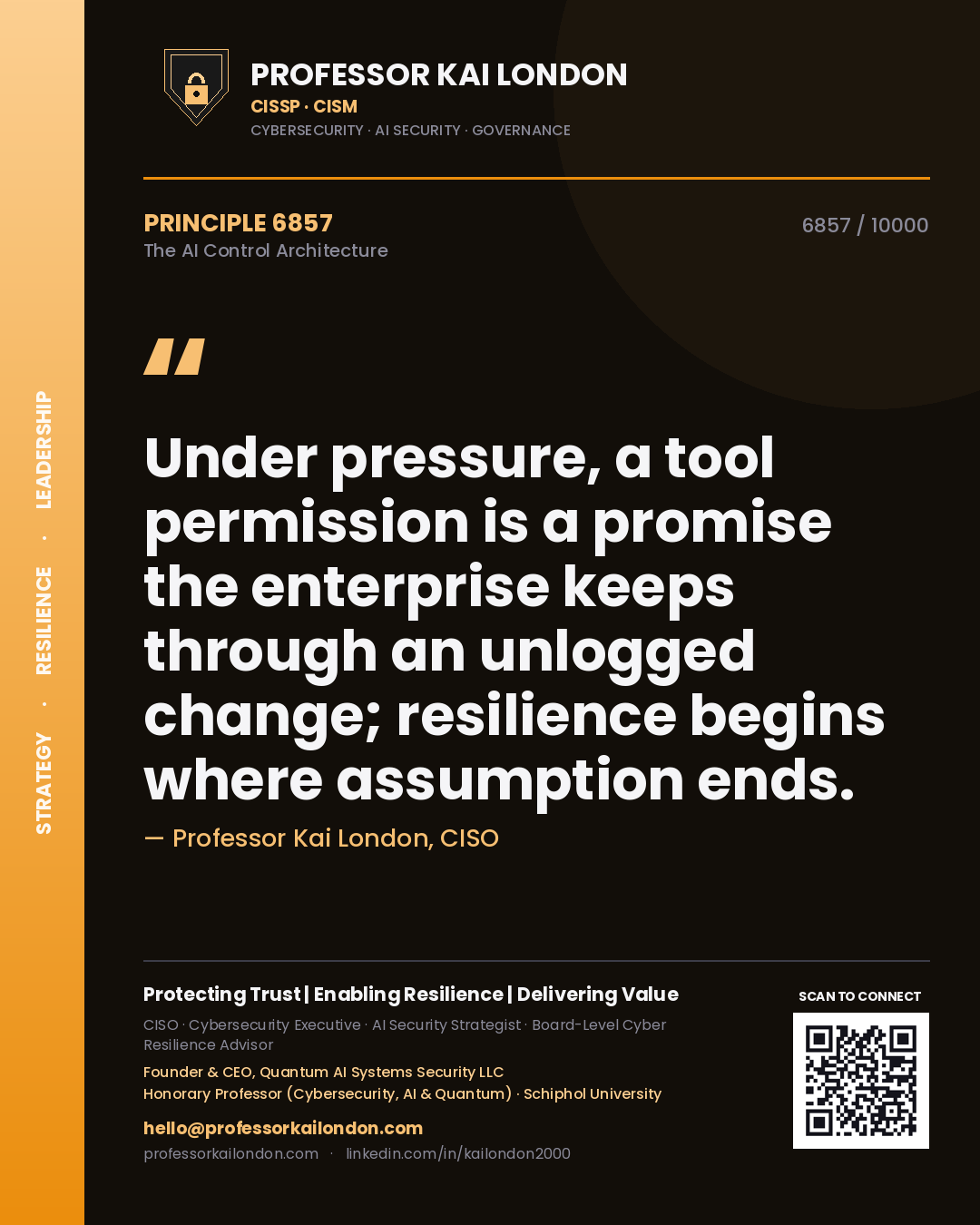 Professor Kai London principle 6857: Under pressure, a tool permission is a promise the enterprise keeps through an unlogged change; resilience begins where assumption ends.