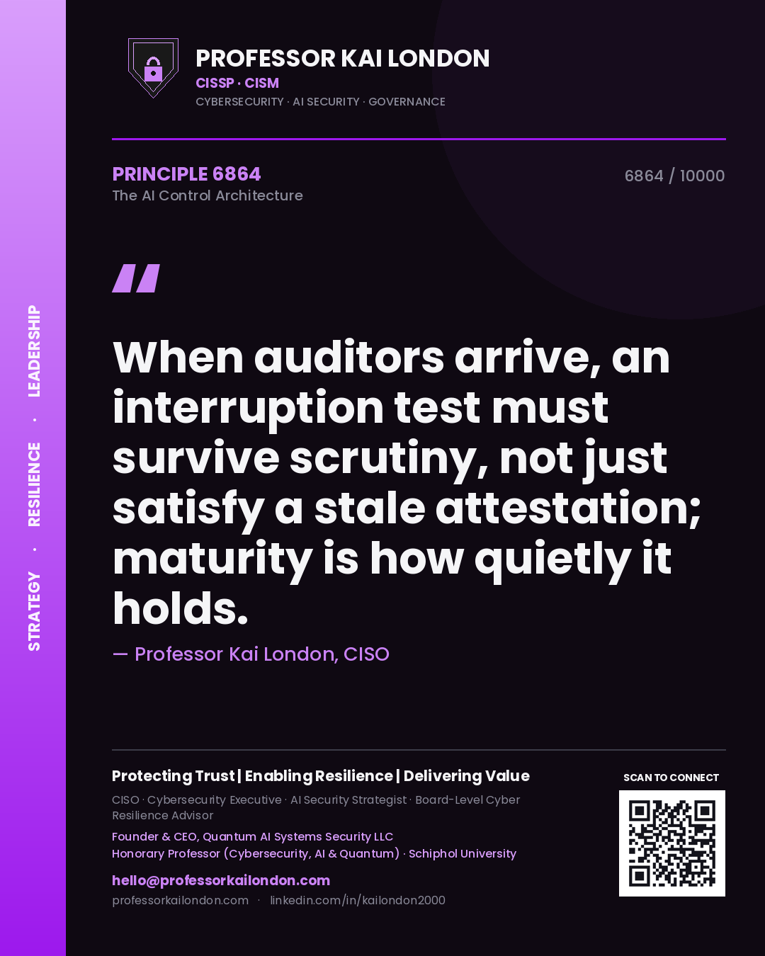 Professor Kai London principle 6864: When auditors arrive, an interruption test must survive scrutiny, not just satisfy a stale attestation; maturity is how quietly it holds.