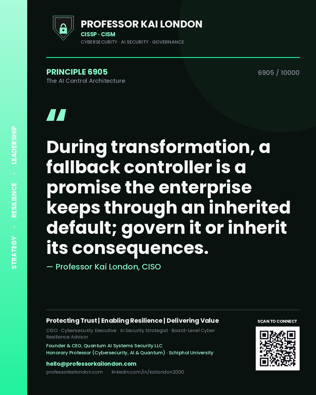 Quote card by Professor Kai London reading 'During transformation, a fallback controller is a promise the enterprise keeps through an inherited default; govern it or inherit its consequences.'. From the book The AI Control Architecture.