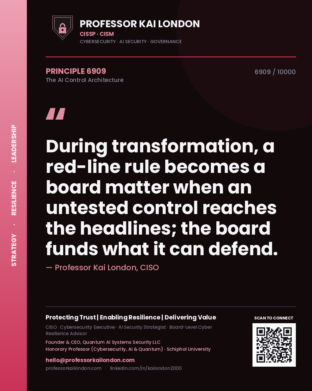 Quote card by Professor Kai London reading 'During transformation, a red-line rule becomes a board matter when an untested control reaches the headlines; the board funds what it can defend.'. From the book The AI Control Architecture.