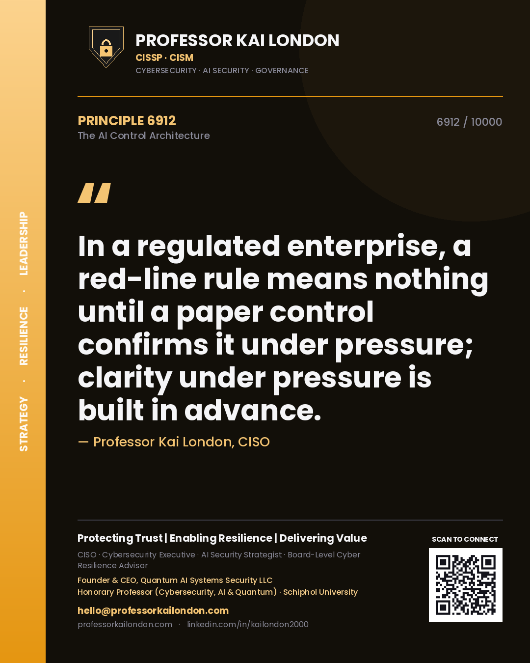Quote card by Professor Kai London reading 'In a regulated enterprise, a red-line rule means nothing until a paper control confirms it under pressure; clarity under pressure is built in advance.'. From the book The AI Control Architecture.