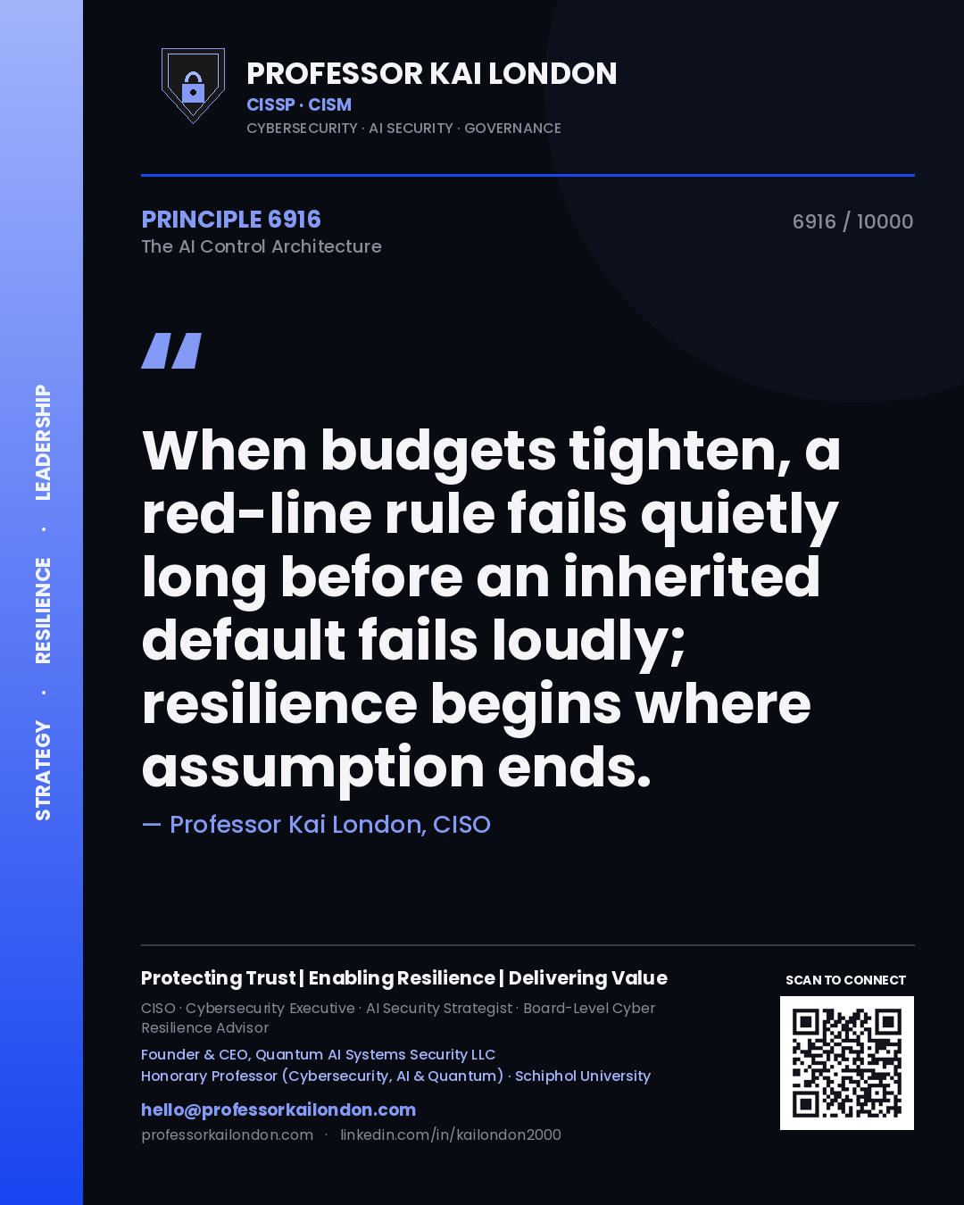 Quote card by Professor Kai London reading 'When budgets tighten, a red-line rule fails quietly long before an inherited default fails loudly; resilience begins where assumption ends.'. From the book The AI Control Architecture.