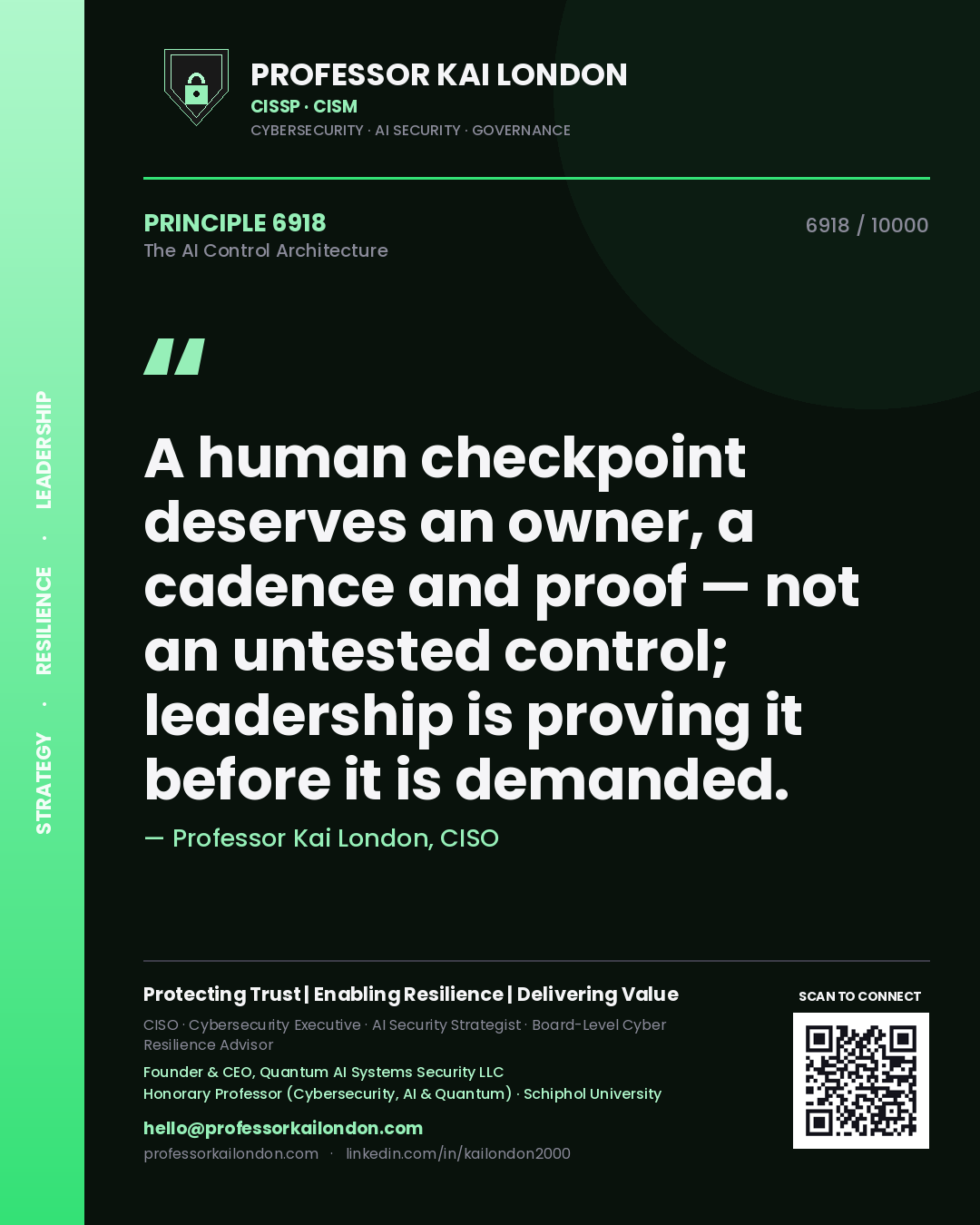 Quote card by Professor Kai London reading 'A human checkpoint deserves an owner, a cadence and proof — not an untested control; leadership is proving it before it is demanded.'. From the book The AI Control Architecture.