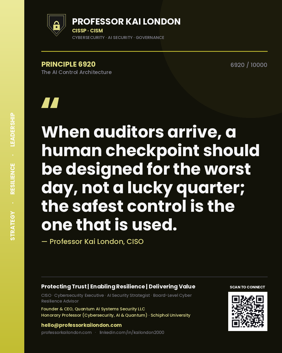 Quote card by Professor Kai London reading 'When auditors arrive, a human checkpoint should be designed for the worst day, not a lucky quarter; the safest control is the one that is used.'. From the book The AI Control Architecture.