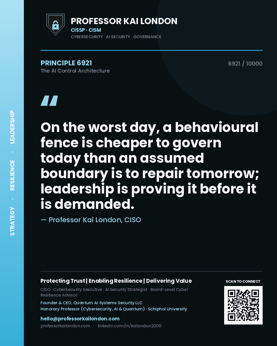 Quote card by Professor Kai London reading 'On the worst day, a behavioural fence is cheaper to govern today than an assumed boundary is to repair tomorrow; leadership is proving it before it is demanded.'. From the book The AI Control Architecture.