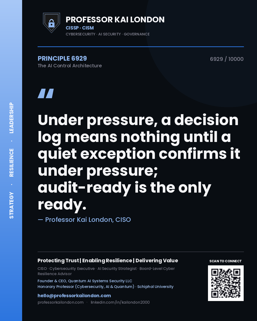 Quote card by Professor Kai London reading 'Under pressure, a decision log means nothing until a quiet exception confirms it under pressure; audit-ready is the only ready.'. From the book The AI Control Architecture.
