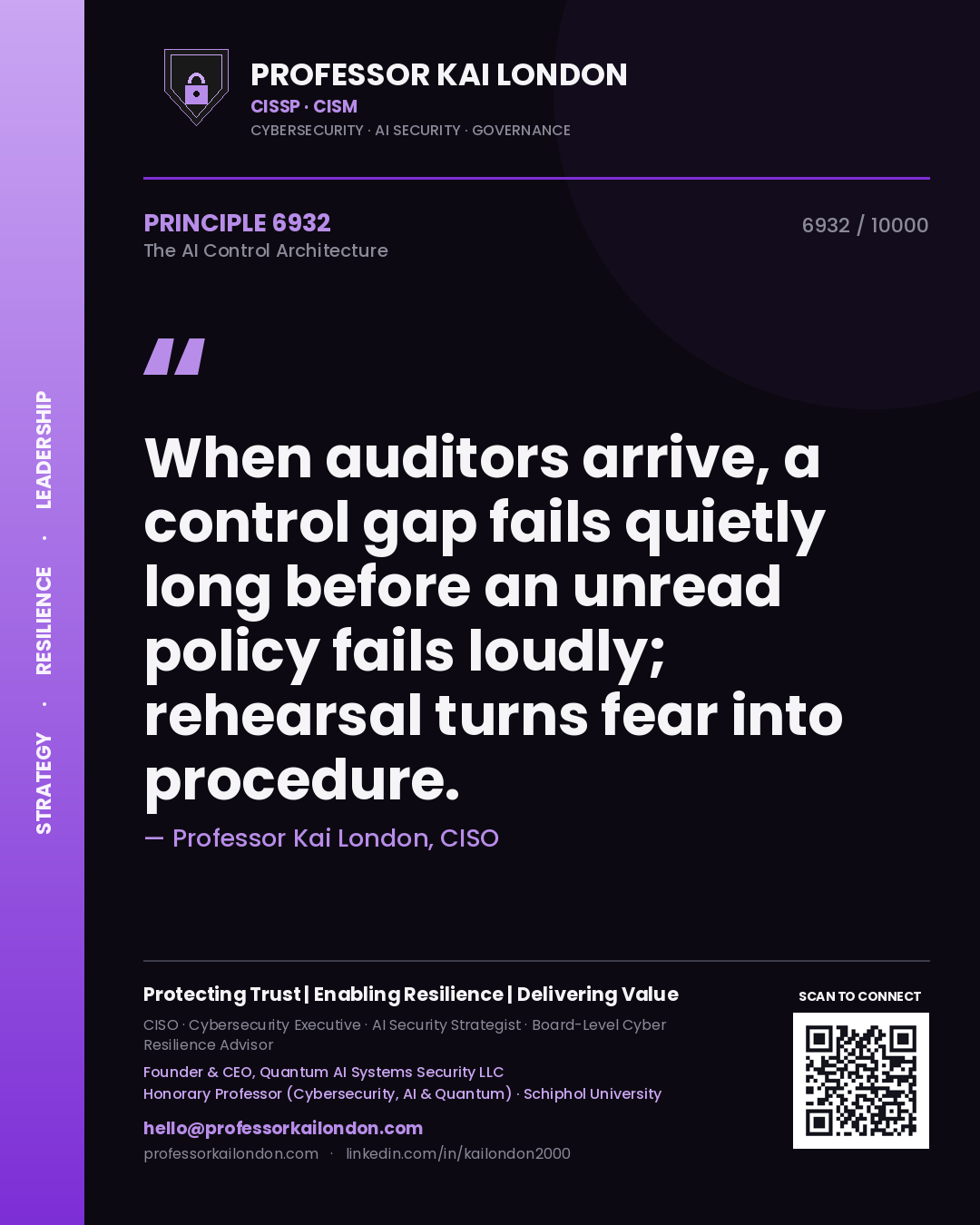 Quote card by Professor Kai London reading 'When auditors arrive, a control gap fails quietly long before an unread policy fails loudly; rehearsal turns fear into procedure.'. From the book The AI Control Architecture.