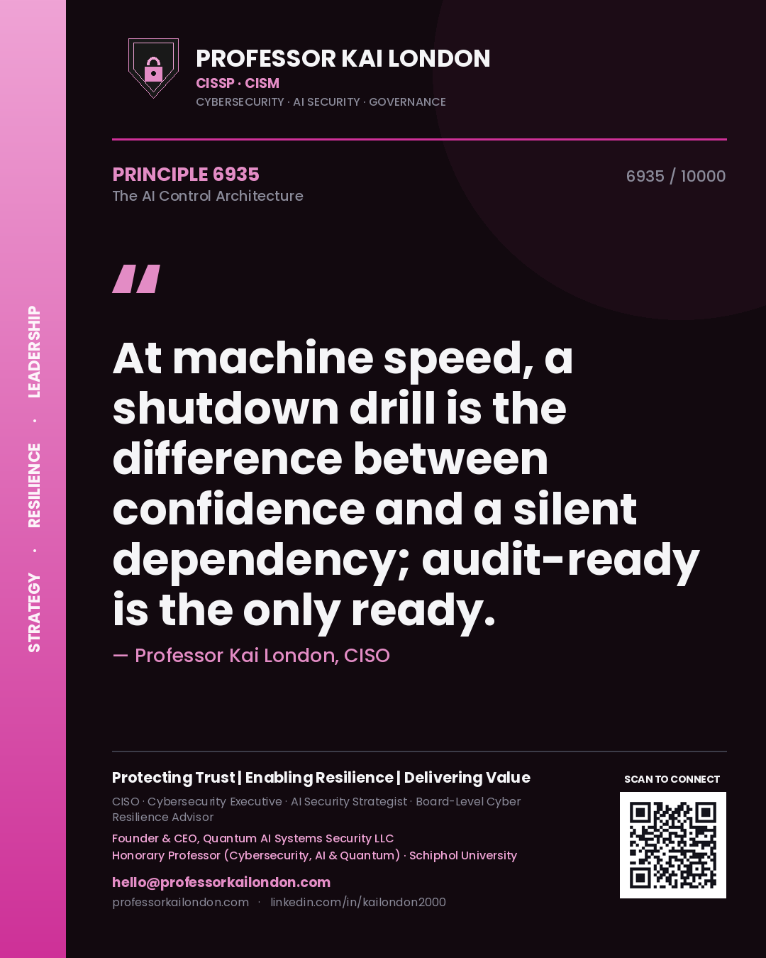 Quote card by Professor Kai London reading 'At machine speed, a shutdown drill is the difference between confidence and a silent dependency; audit-ready is the only ready.'. From the book The AI Control Architecture.