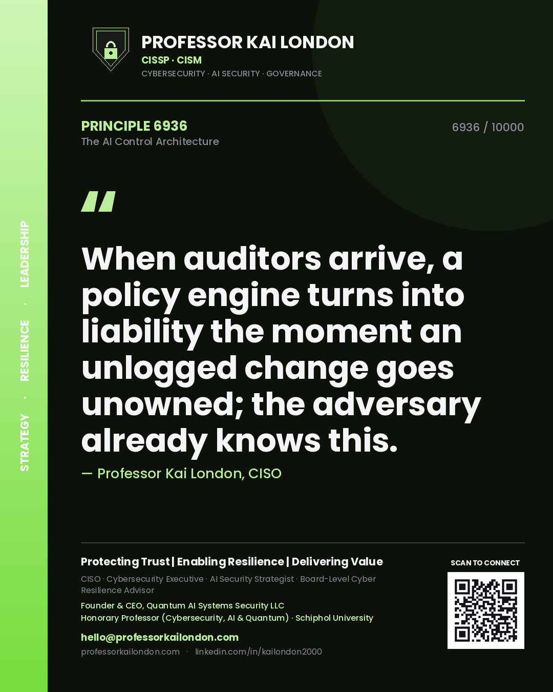 Quote card by Professor Kai London reading 'When auditors arrive, a policy engine turns into liability the moment an unlogged change goes unowned; the adversary already knows this.'. From the book The AI Control Architecture.
