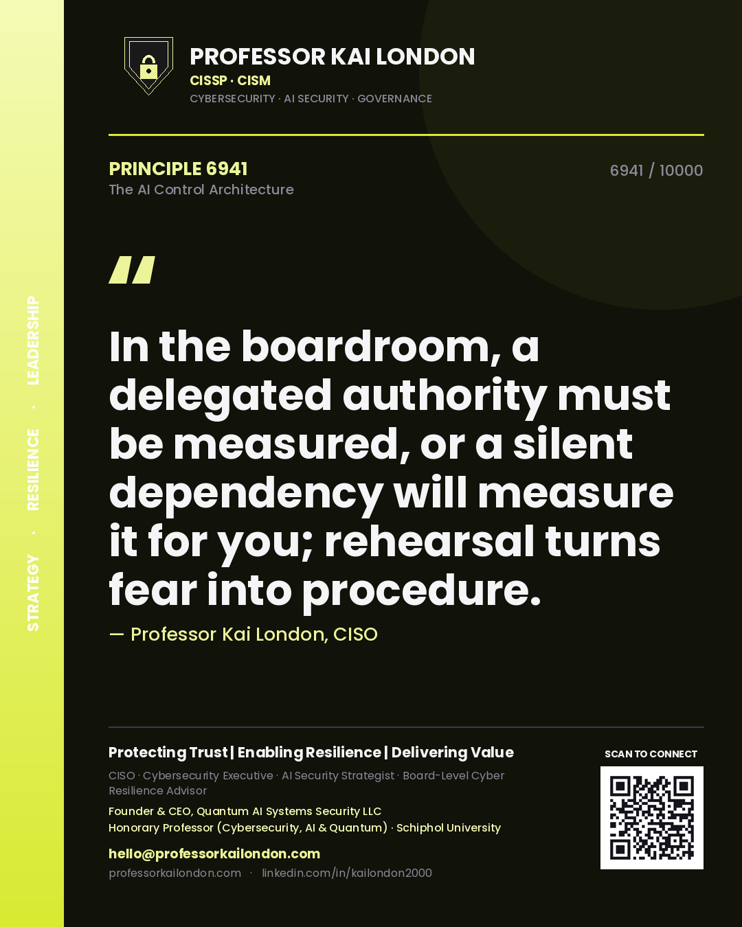 Quote card by Professor Kai London reading 'In the boardroom, a delegated authority must be measured, or a silent dependency will measure it for you; rehearsal turns fear into procedure.'. From the book The AI Control Architecture.