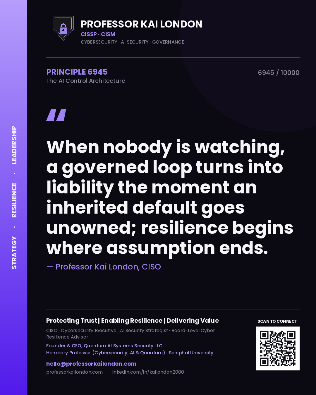 Quote card by Professor Kai London reading 'When nobody is watching, a governed loop turns into liability the moment an inherited default goes unowned; resilience begins where assumption ends.'. From the book The AI Control Architecture.
