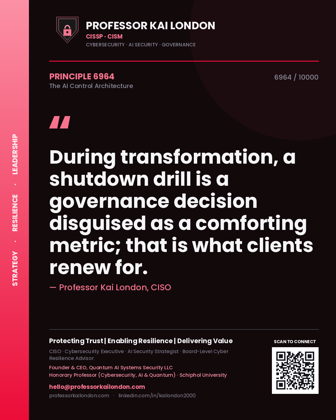 Quote card by Professor Kai London reading 'During transformation, a shutdown drill is a governance decision disguised as a comforting metric; that is what clients renew for.'. From the book The AI Control Architecture.
